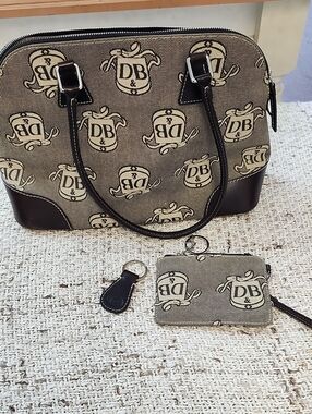 Dooney & Bourke Beige and Brown DB Monogram Satchel with Pouch